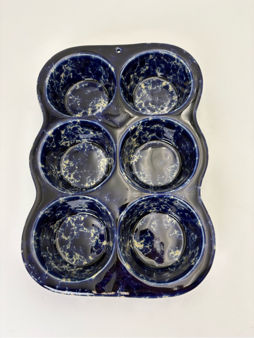 Vintage Heavy Blue and Cream Splatter Pottery 6-Cup Muffin or Cupcake Pan